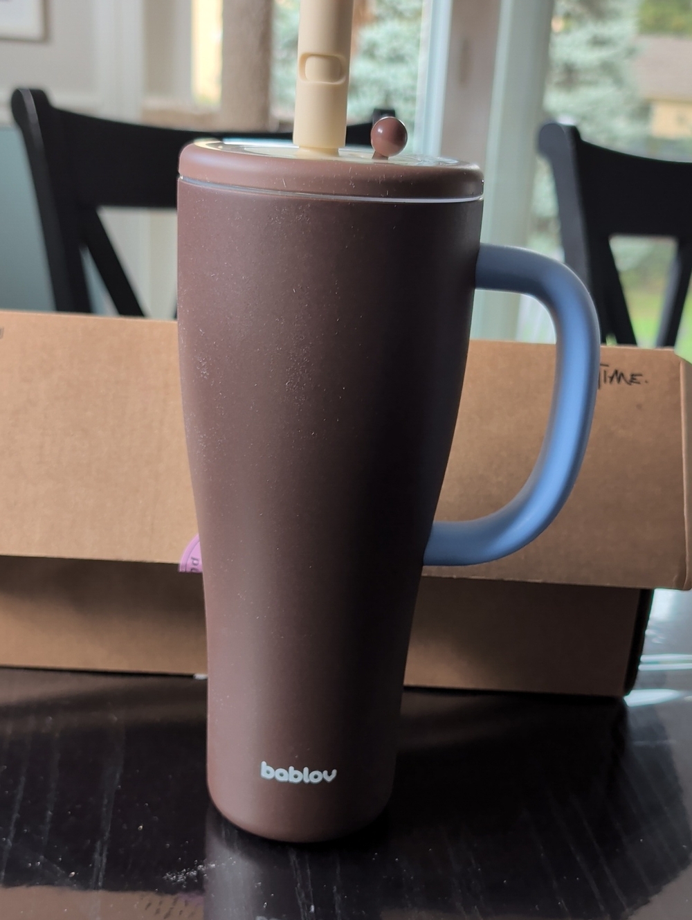 Brown Travel Mug with Blue Handle